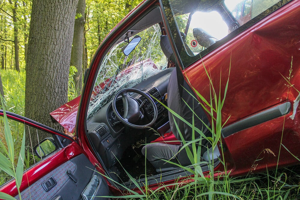 Red car crashed into tree